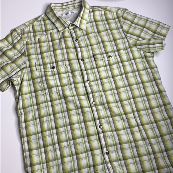 Kenneth Cole NY Short Sleeve Plaid Button down top lime green small - Picture 4 of 7